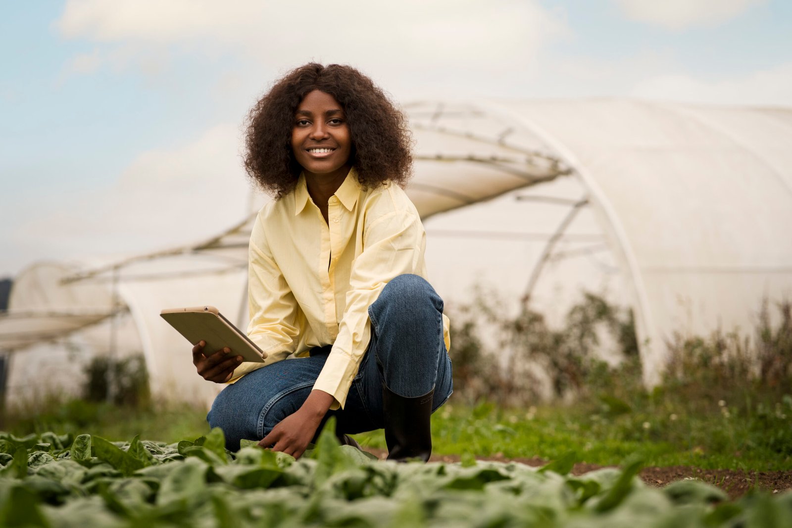 full-shot-smiley-woman-holding-tablet